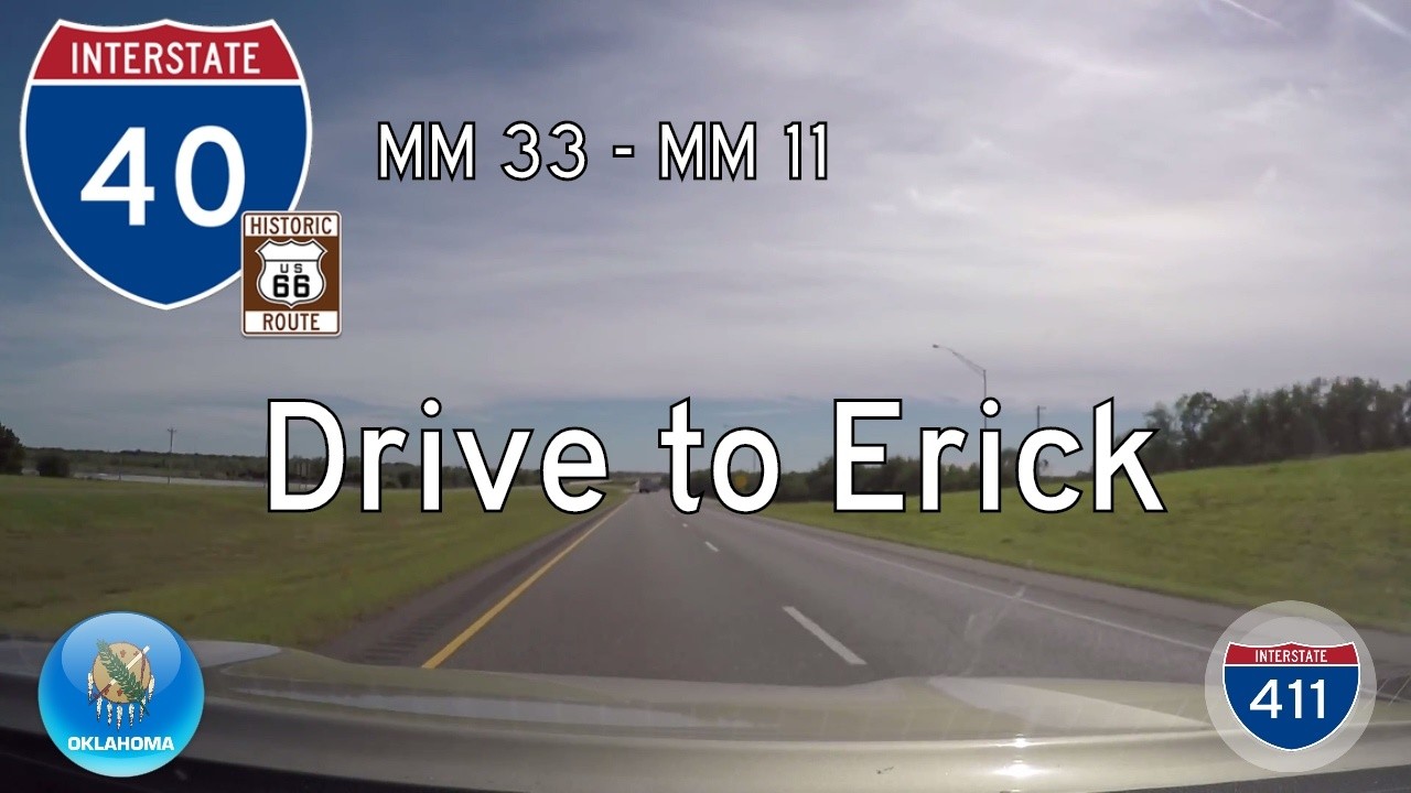 Drive 22 miles on Interstate 40 West in Oklahoma from mile marker 33 west of Elk City to Erick at mile marker 11