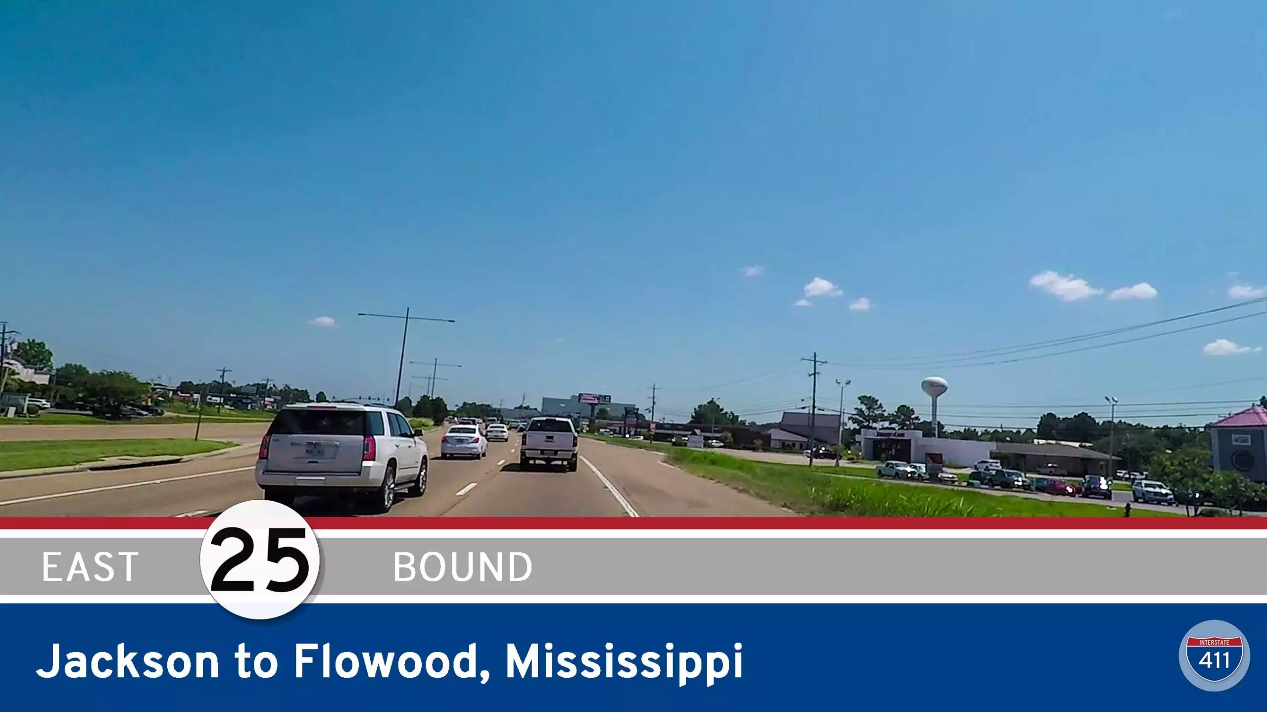 Drive America's Highways for 3.5 miles east along Mississippi Highway 25 from Jackson to Flowood, Mississippi.