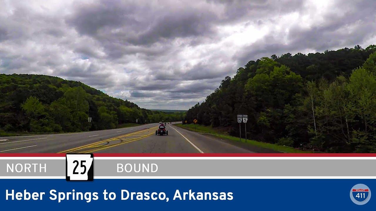 Drive America's Highways for 18 miles north along Arkansas Highway 25 from Heber Springs to Drasco in Arkansas