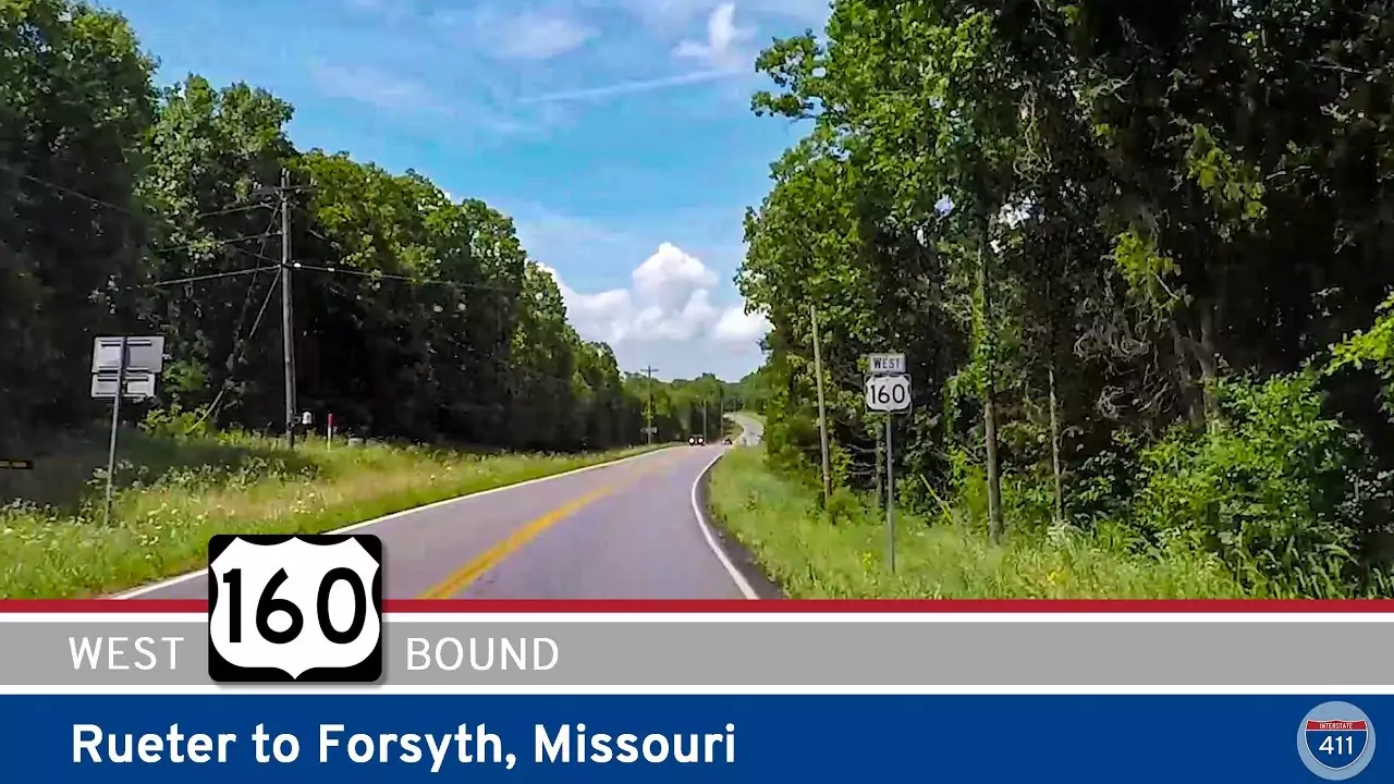 Drive America's Highways for 20 miles west along U.S. Highway 160 from Rueter to Forsyth in Missouri.