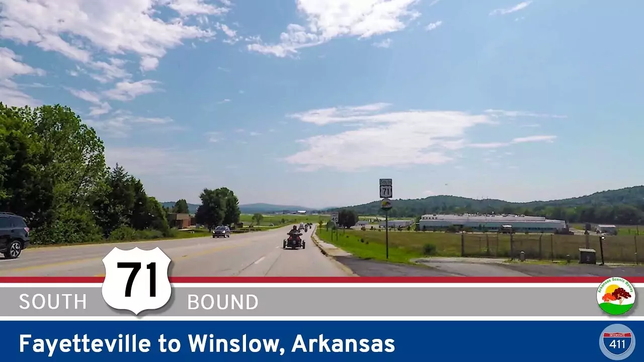 Drive America's Highways for 19 miles south along U.S. Highway 71 from Fayetteville to Winslow in Arkansas