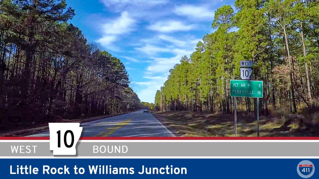 Drive America's Highways for 19 miles west along Arkansas Highway 10 from Little Rock to Williams Junction.