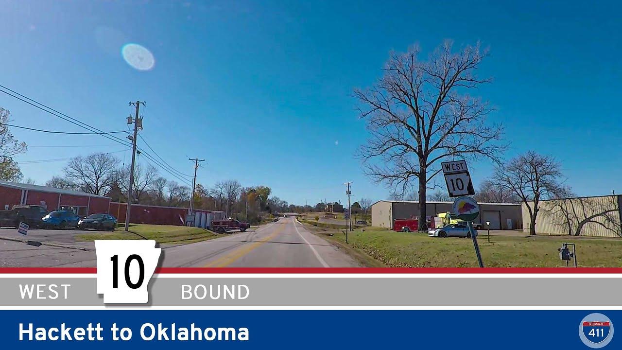 Drive America Highways for 1.5 miles west along Arkansas Highway 10 from Hackett to Oklahoma.