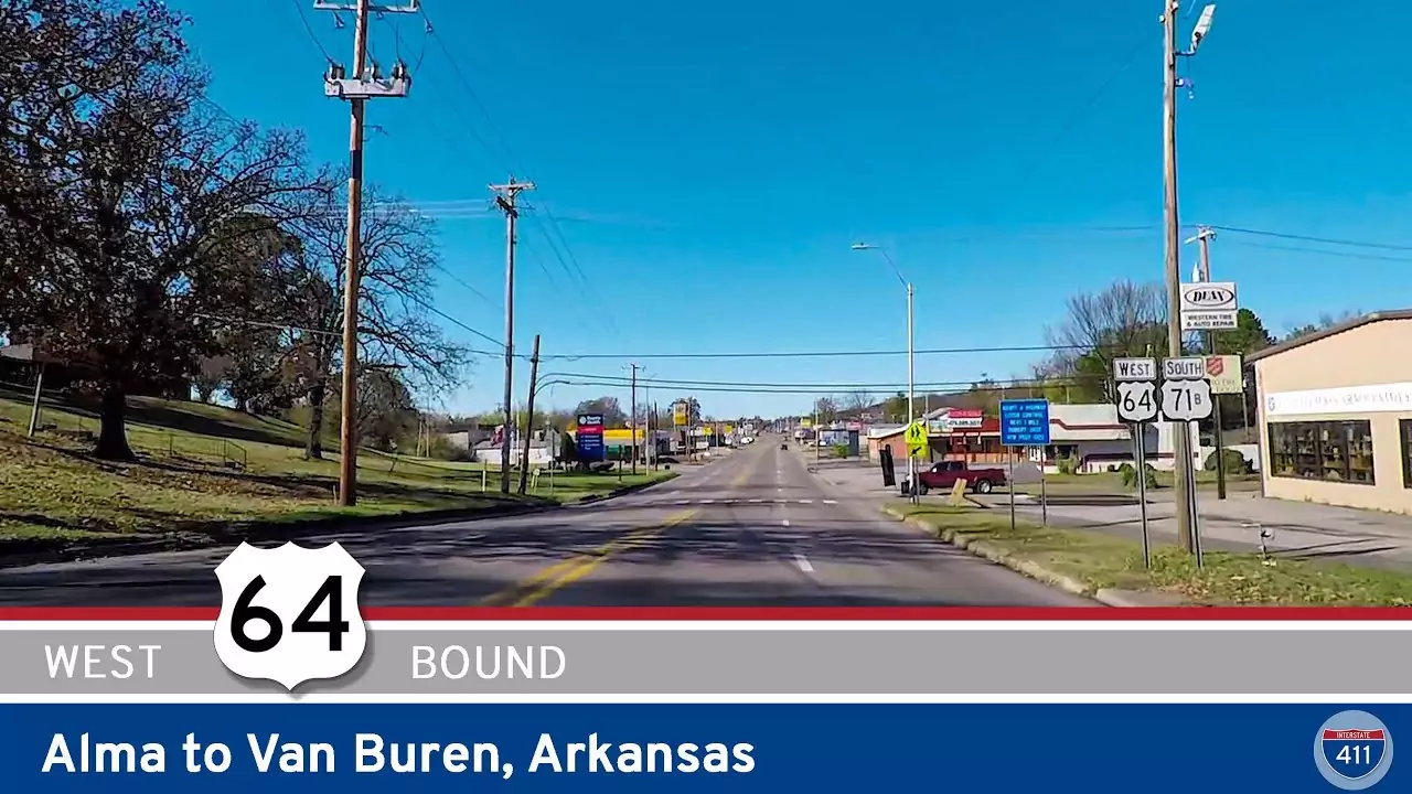 Drive America Highways for 8 miles west along U.S. Highway 64 from Alma to Van Buren in Arkansas