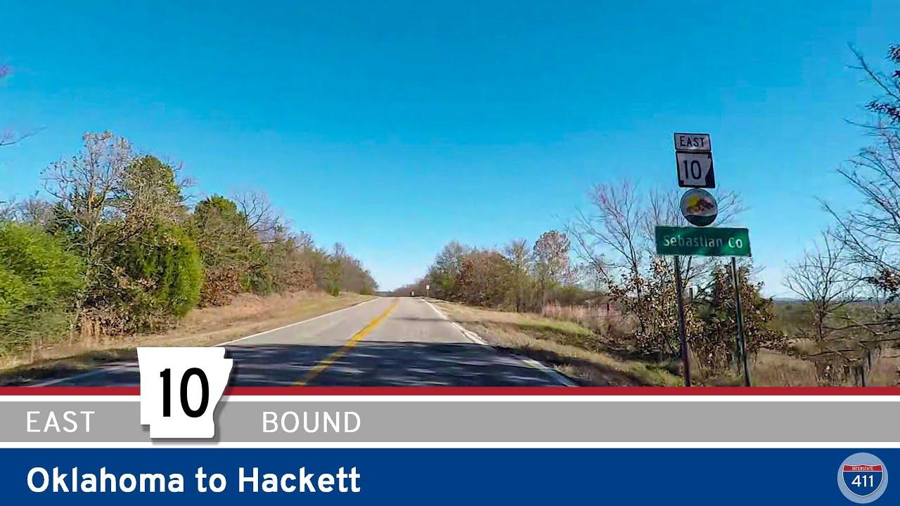 Drive America Highways for 1.5 miles east along Arkansas Highway 10 from Oklahoma to Hackett.