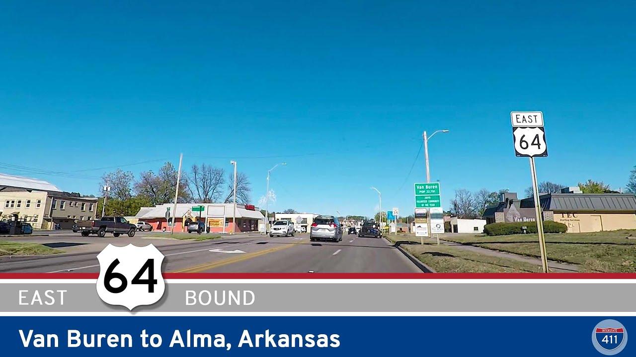 Drive America's Highways for 8 miles east along U.S. Highway 64 from Van Buren to Alma, Arkansas.