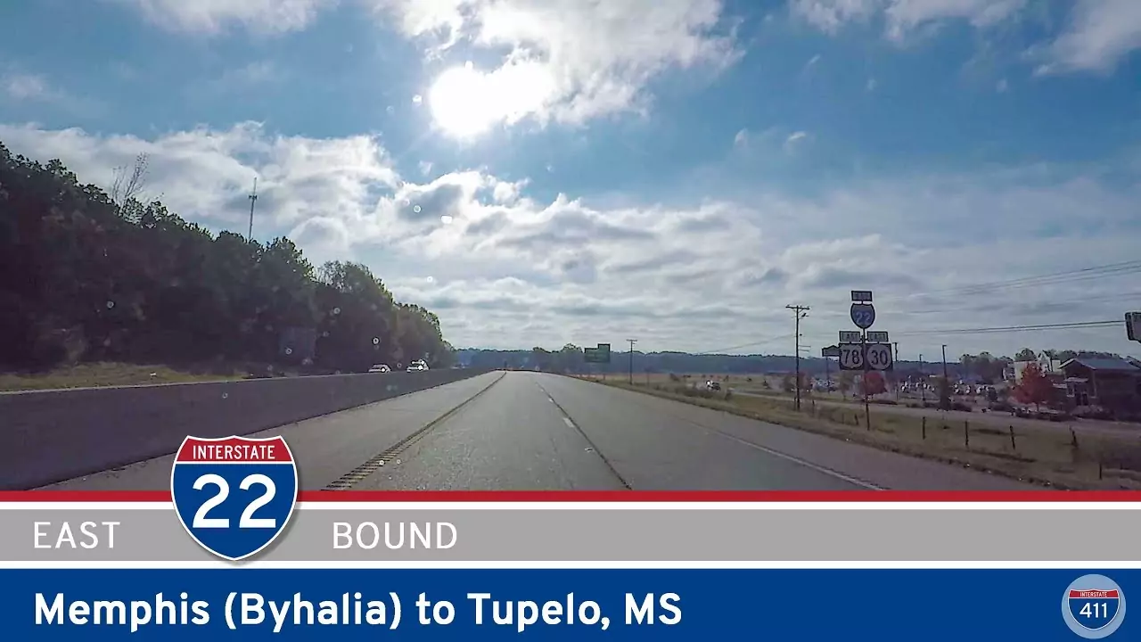 Drive America's Highways for 76 miles east along Interstate 22 from Memphis to Tupelo in Mississippi.