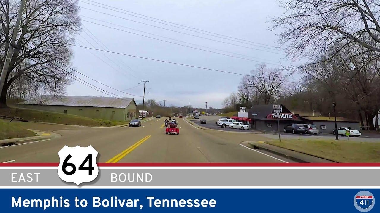 Drive America's Highways for 45 miles east along U.S. Highway 64 from Memphis to Bolivar in Tennessee.