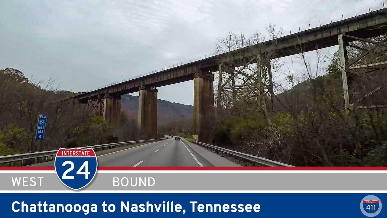 Drive America's Highways for 127 miles west along Interstate 24 from Chattanooga to Nashville, Tennessee.