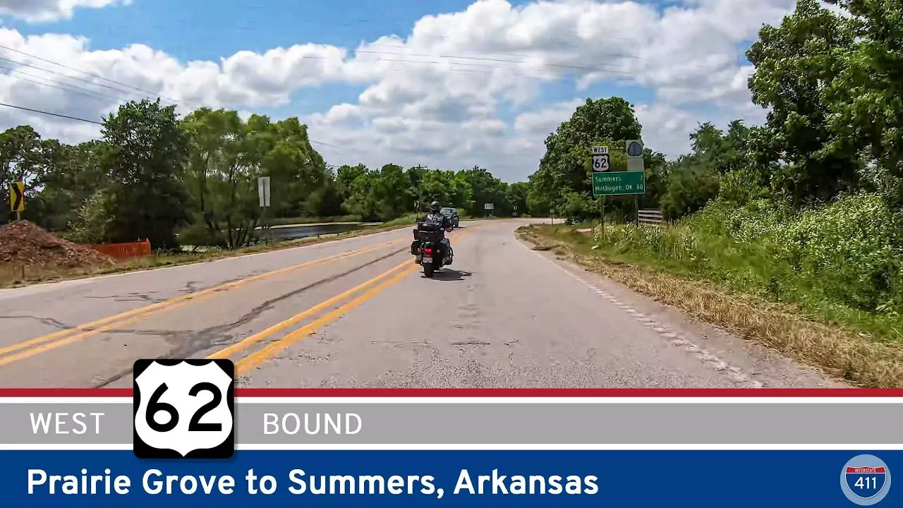 Drive America's Highways for 10 miles west along U.S. Highway 62 from Prairie Grove to Summers, Arkansas