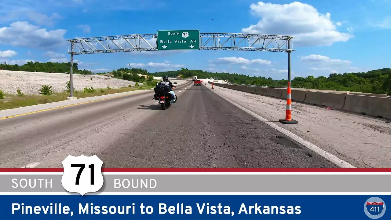 Drive America's Highways for 10 miles south along U.S. Highway 71 from Pineville to Bella Vista, Arkansas.