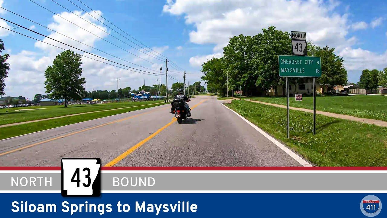 Drive America's Highways for 18 miles north along Arkansas Highway 43 from Siloam Springs to Maysville.