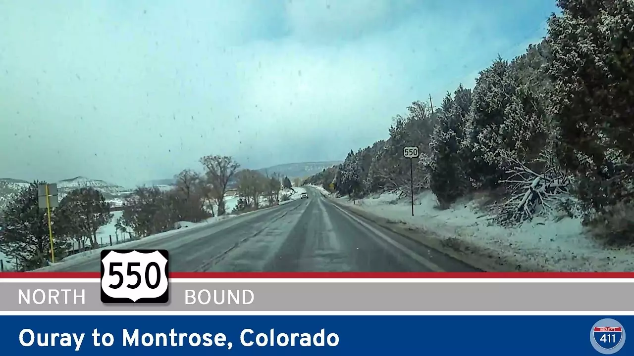 Drive America's Highways for 34 miles north along U.S. Highway 550 from Ouray to Montrose, Colorado.