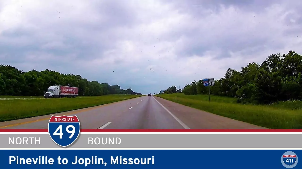 Drive America's Highways for 37 miles north along Interstate 49 from Pineville to Joplin, Missouri.