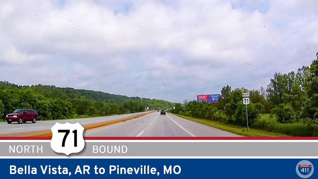 Drive America's Highways for 22 miles north along U.S. Highway 71 from Bella Vista Arkansas to Pineville Missouri