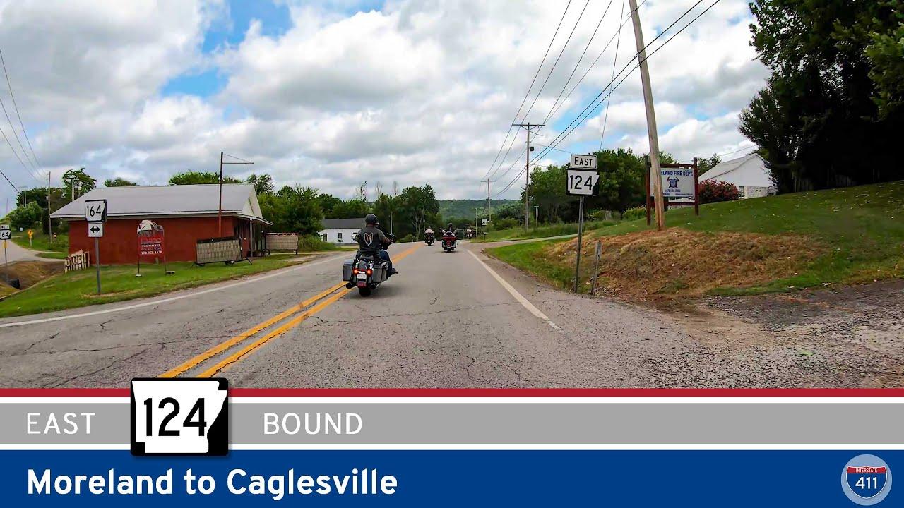 Drive America's Highways for 4 miles east along Arkansas Highway 124 from Moreland to Caglesville, Arkansas.