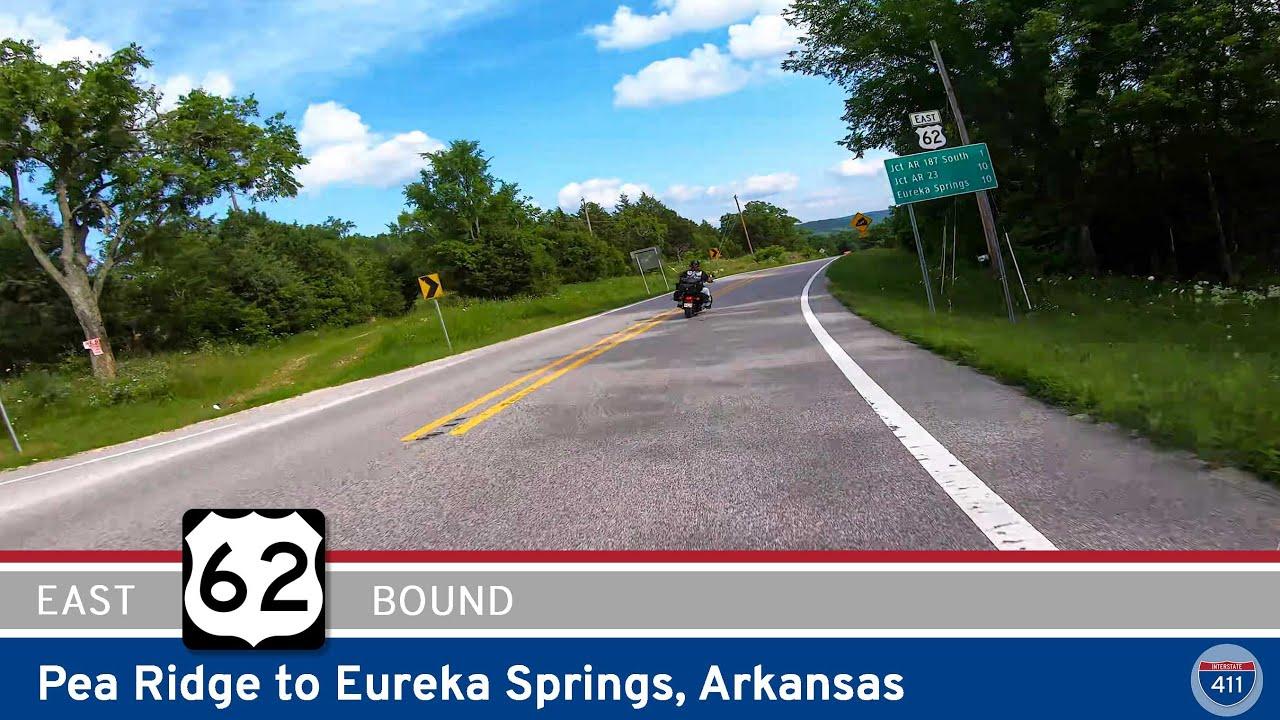 Drive America's Highways for 24 miles east along U.S. Highway 62 from Pea Ridge to Eureka Springs, Arkansas.