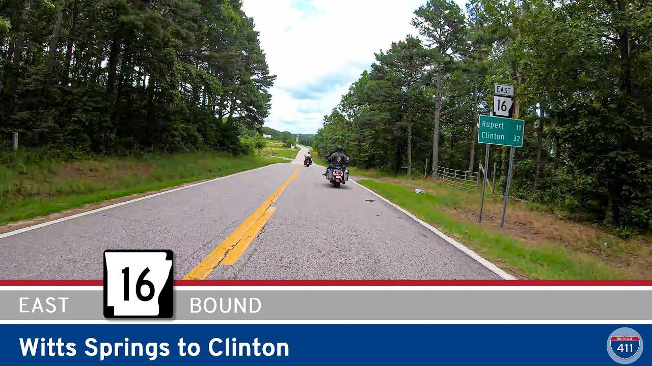 Drive America's Highways for 41 miles east along Arkansas Highway 16 from Witts Springs to Clinton.