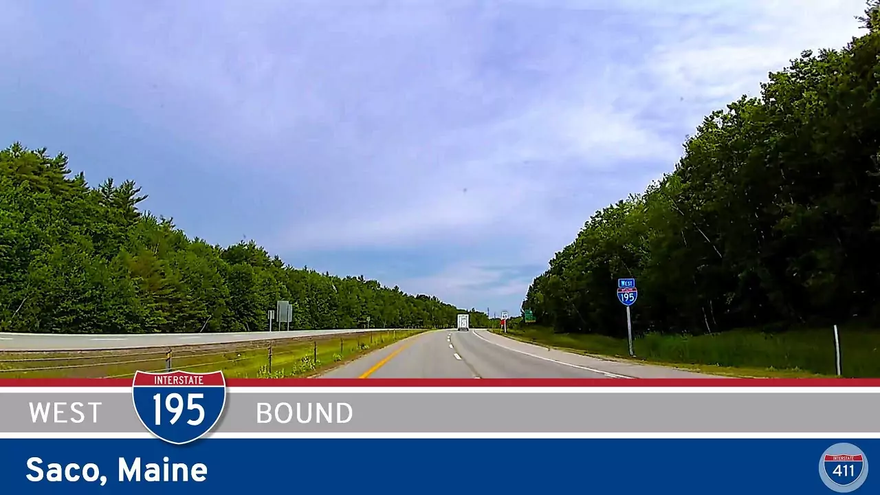 Drive America's Highways for 2 miles west along Interstate 195 in Saco, Maine.