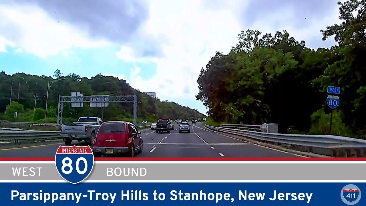 Drive America's Highways for 13 miles west along Interstate 80 in New Jersey from Parsippany-Troy Hills to Stanhope.
