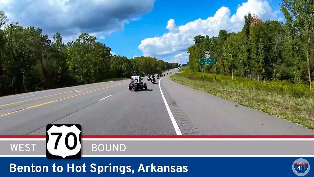 Drive America's Highways for 19 miles west along U.S. Highway 70 from Benton to Hot Springs, Arkansas.