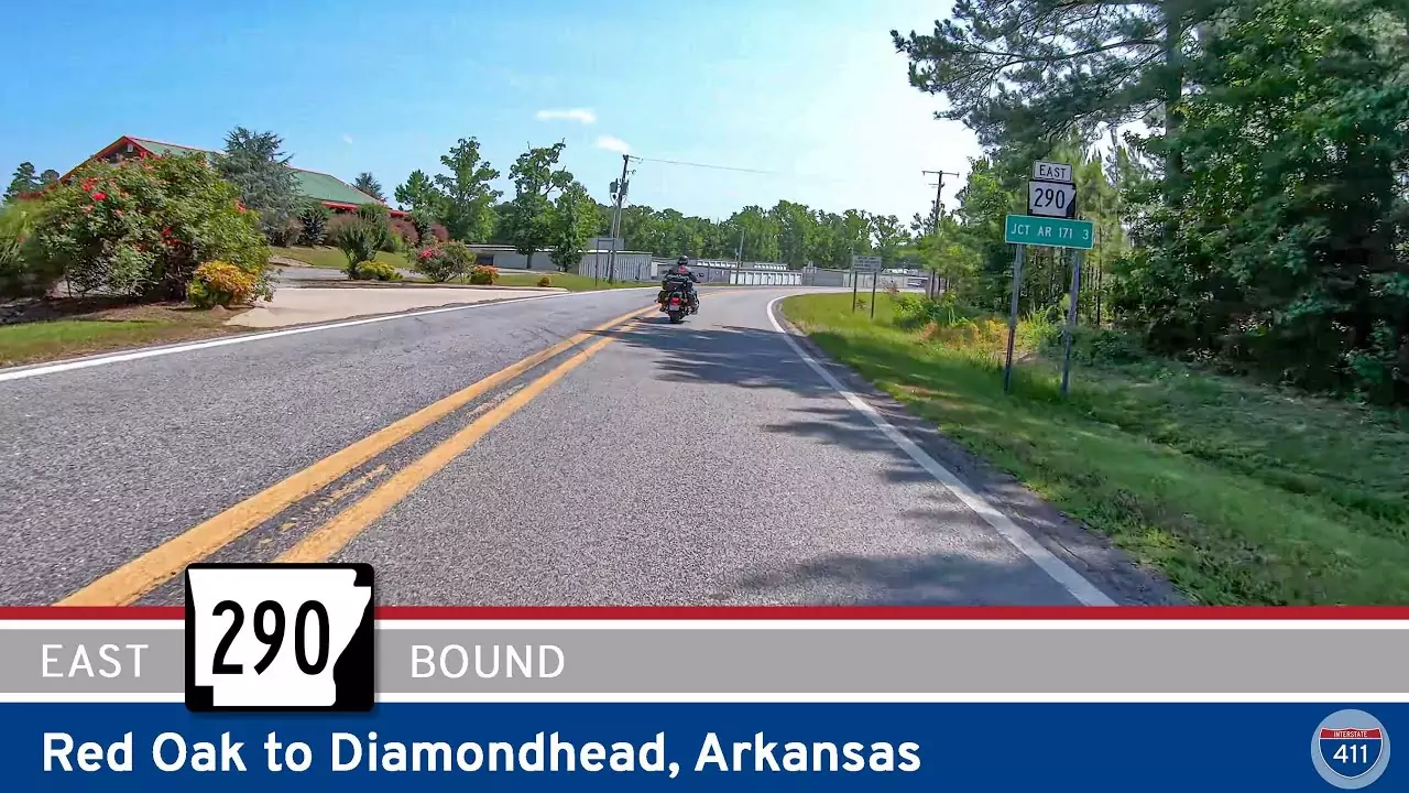 Drive America's Highways for 3 miles east along Arkansas Highway 290 from Red Oak to Diamondhead.