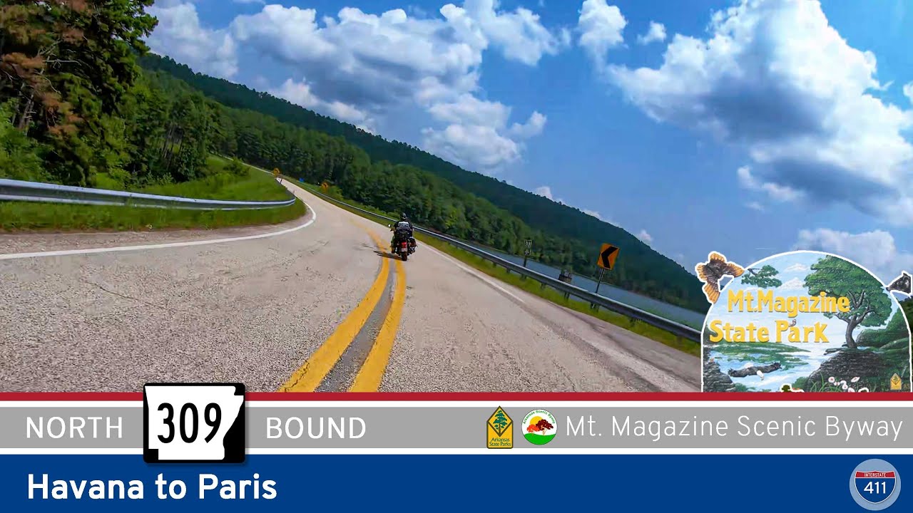 Drive America's Highways for 31 miles north along Arkansas Highway 309 from Havana to Paris via Mount Magazine State Park.