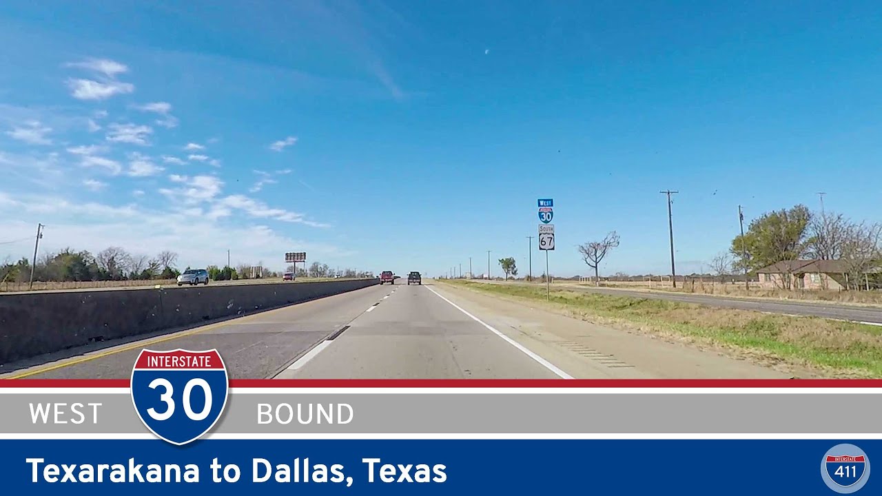 Drive America's Highways for 166 miles west along Interstate 30 from Texarkana to Dallas, Texas.