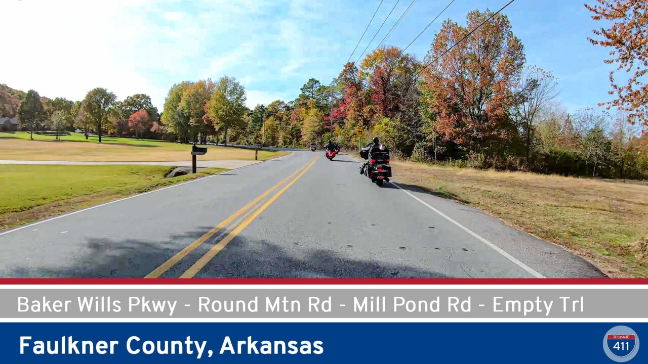 Drive America's Highways for 6 miles west along Baker Wills Parkway, Round Mountain Road, Mill Pond Road and Empty Trail in Conway, Arkansas.