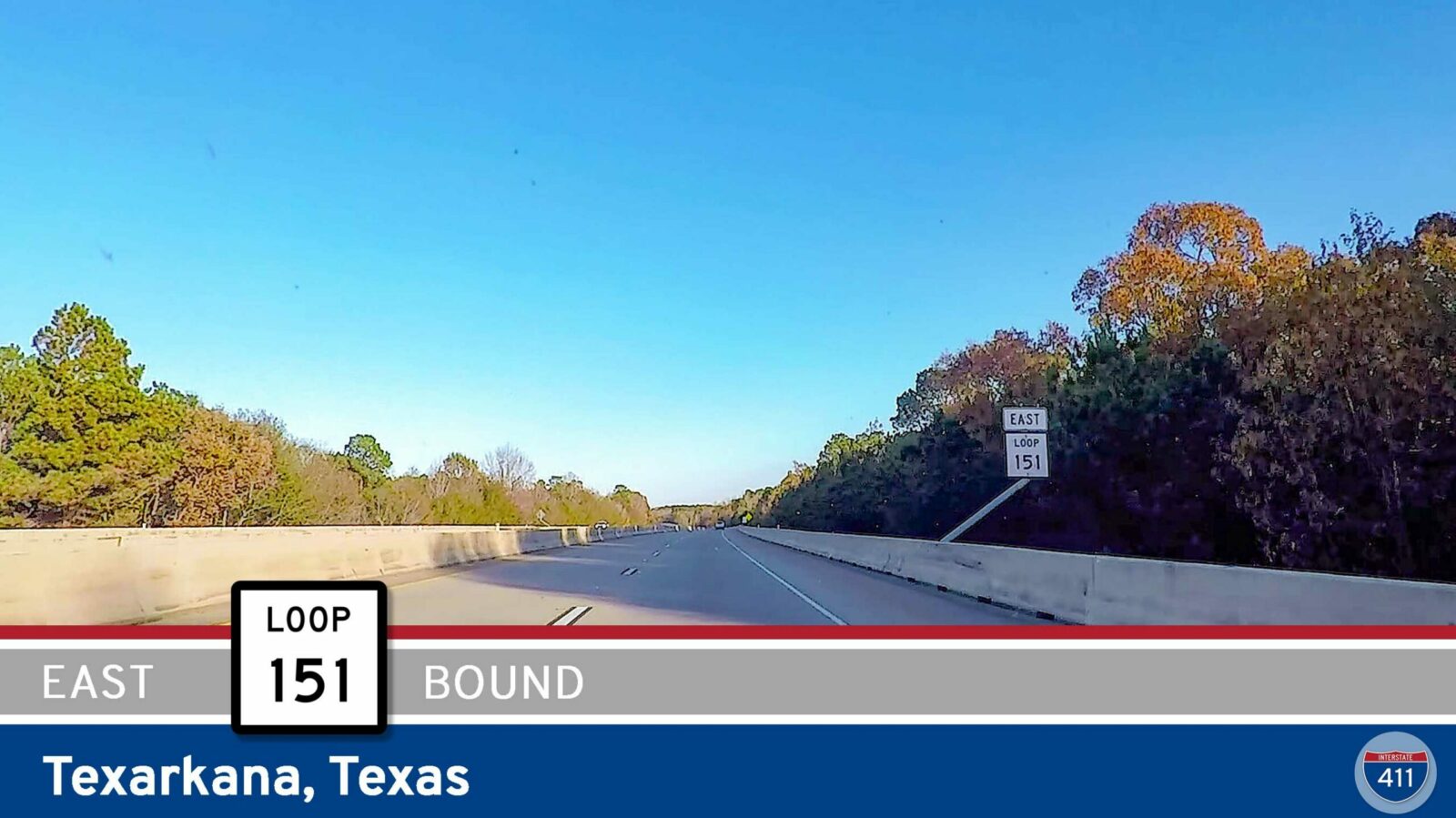 Drive America's Highways for 5 miles east along Texas Highway 151 - The Texarkana Loop - from U.S. Highway 59 in Texas to Interstate 49 in Arkansas.