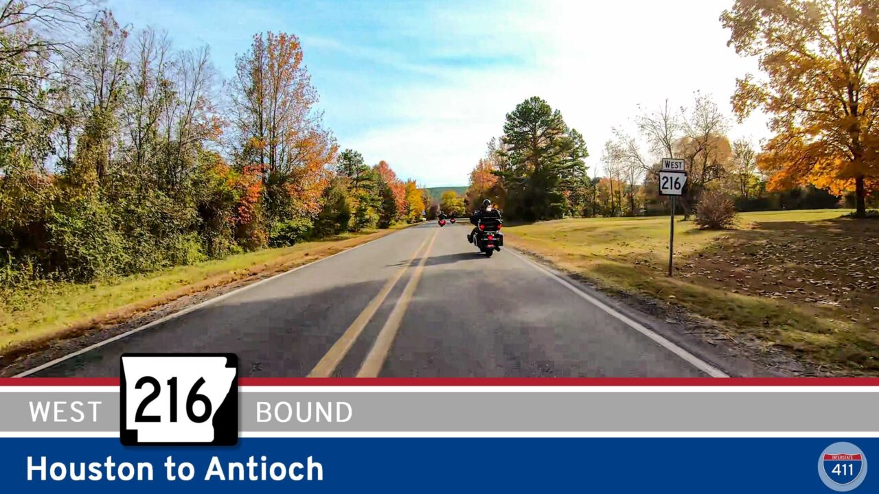 Drive America's Highways for 10 miles west along Arkansas Highway 216 from Houston to Antioch.