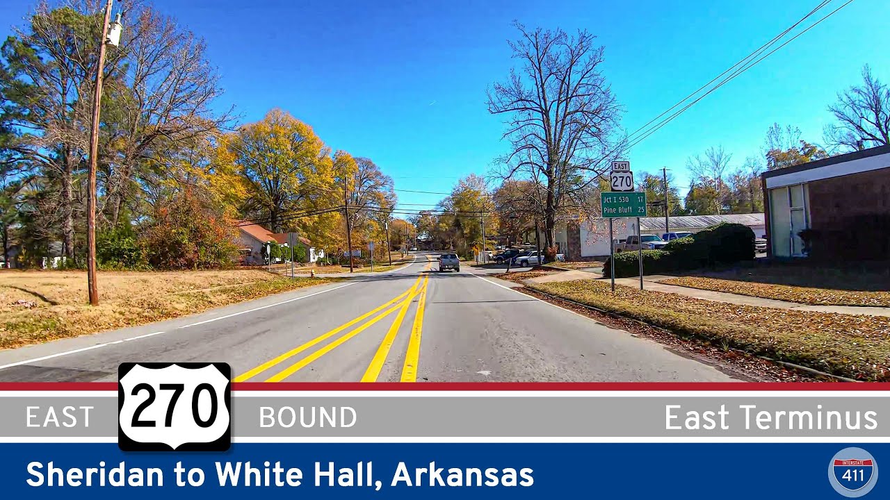 Drive America's Highways for 18 miles east along U.S. Highway 270 from Sheridan to White Hall, Arkansas.