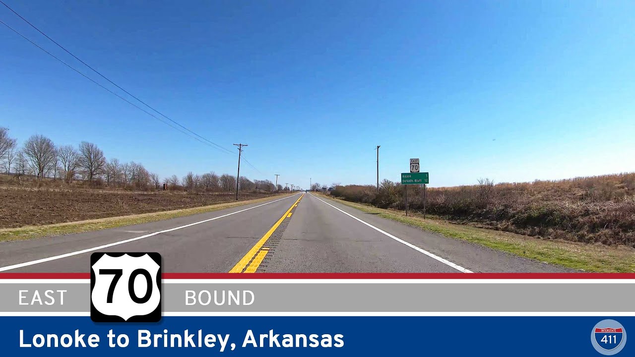 Drive America's Highways for 44 miles east along U.S. Highway 70 from Lonoke to Brinkley in Arkansas