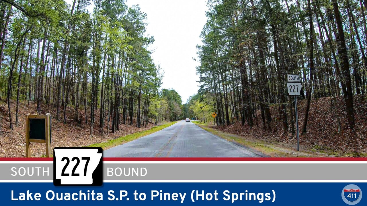 Drive America's Highways for 12 miles south along Arkansas Highway 227 from Lake Ouachita State Park to Piney (Hot Springs).