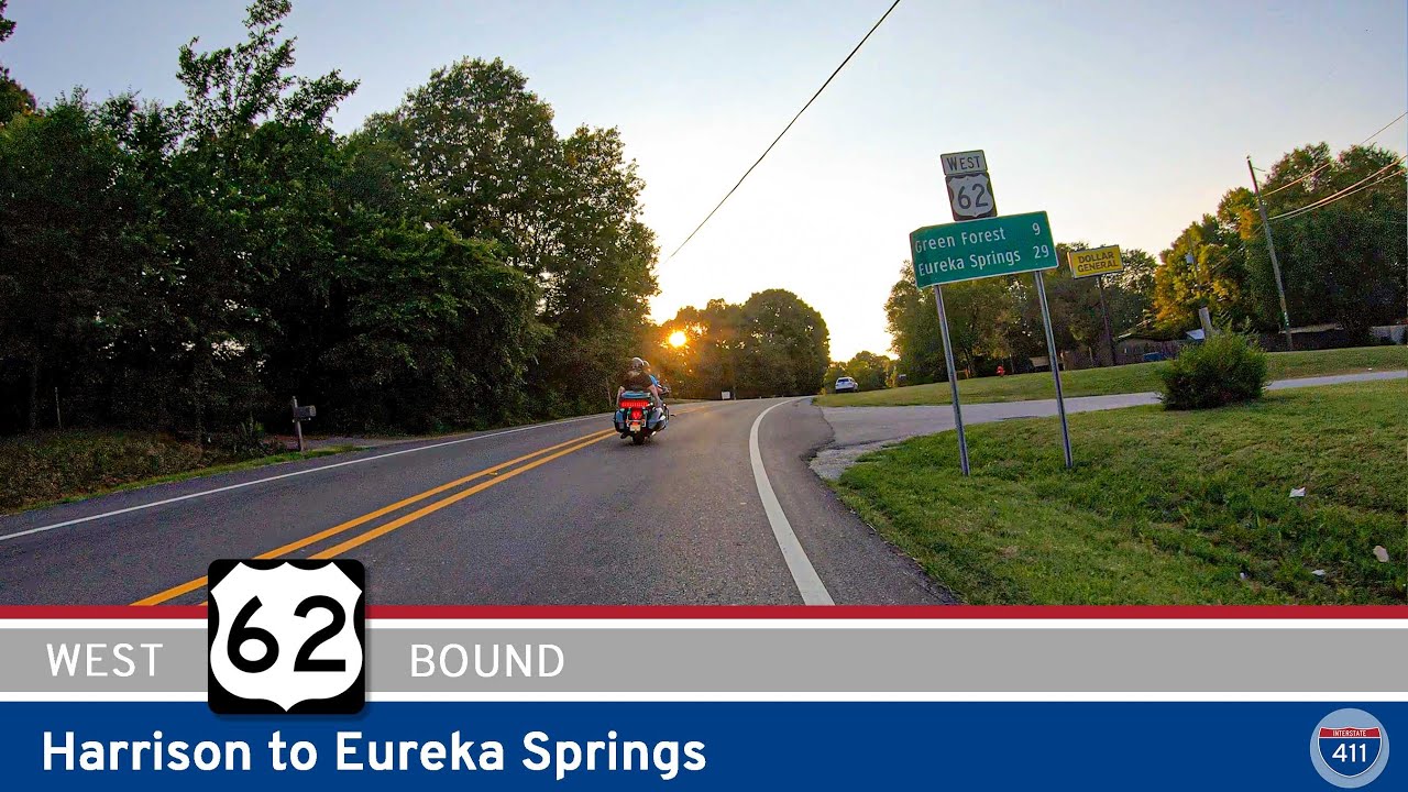 Drive America's Highways for 37 miles west along U.S. Highway 62 from Harrison to Eureka Springs, Arkansas.