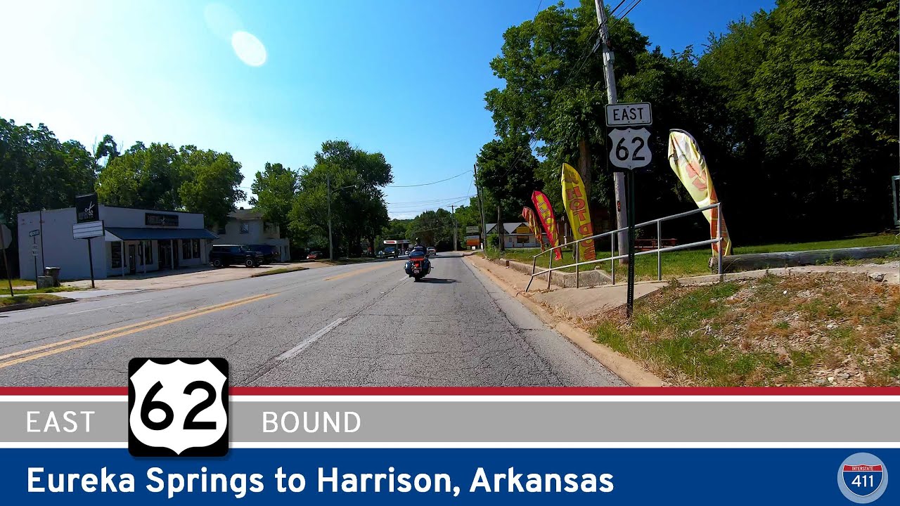 Drive America's Highways for 32 miles east along U.S. Highway 62 from Eureka Springs to Harrison, Arkansas.