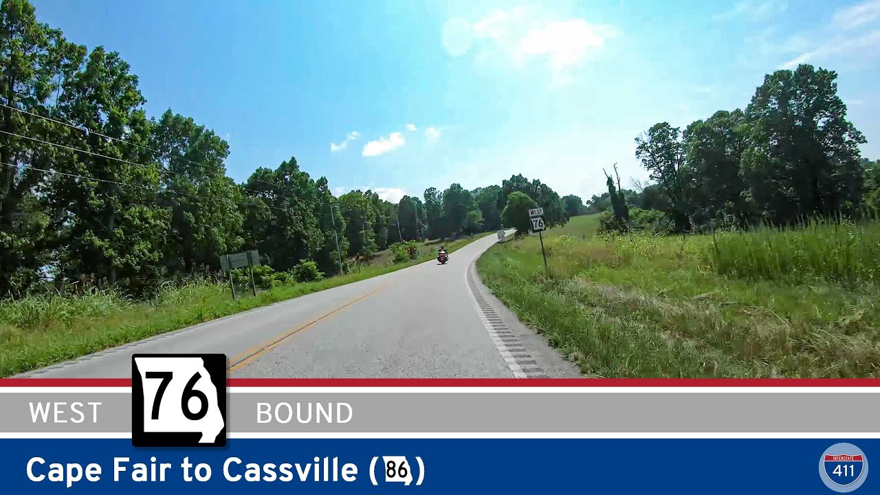 Drive America's Highways for 22 miles west along Missouri Route 76 from Cape Fair to Cassville.