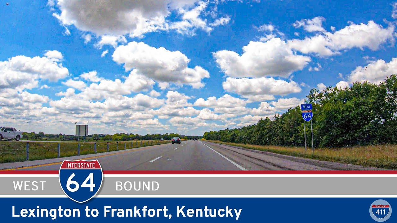 Drive America's Highways for 21 miles west along Interstate 64 from Lexington to Frankfort, Kentucky.