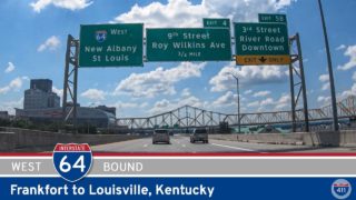 Drive America's Highways for 57 miles west along Interstate 64 from Frankfort to Louisville, Kentucky.