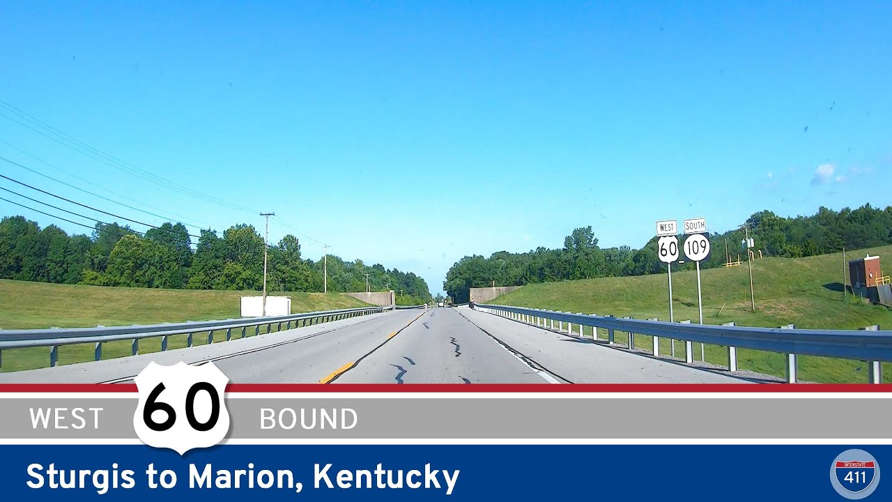 Drive America's Highways for 20 miles west along U.S. Highway 60 from Sturgis to Marion, Kentucky.