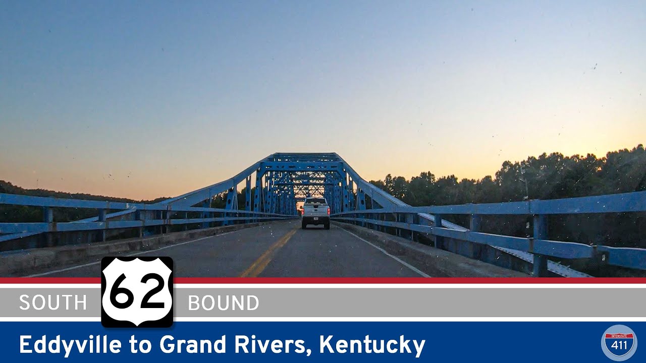 Drive America's Highways for 12 miles west along U.S. Highway 62 from Eddyville to Grand Rivers, Kentucky.