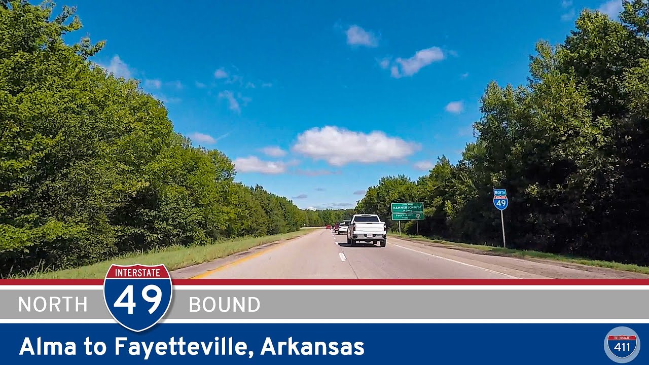 Drive America's Highways for 41 miles north along Interstate 49 from Alma to Fayetteville, Arkansas.