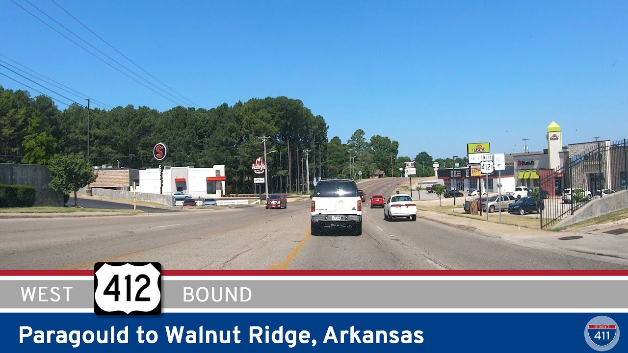 Drive America's Highways for 26 miles west along U.S. Highway 412 from Paragould to Walnut Ridge, Arkansas.