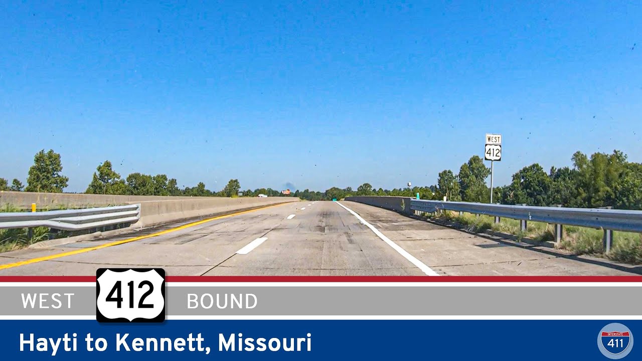 Drive America's Highways for 16 miles west along U.S. Highway 412 from Hayti to Kennett, Missouri.