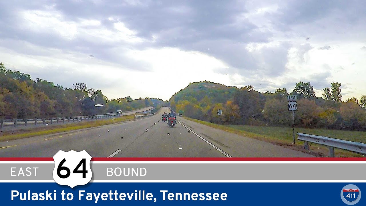 Drive America's Highways for 20 miles east along U.S. Highway 64 from Pulaski to Fayetteville, Tennessee.