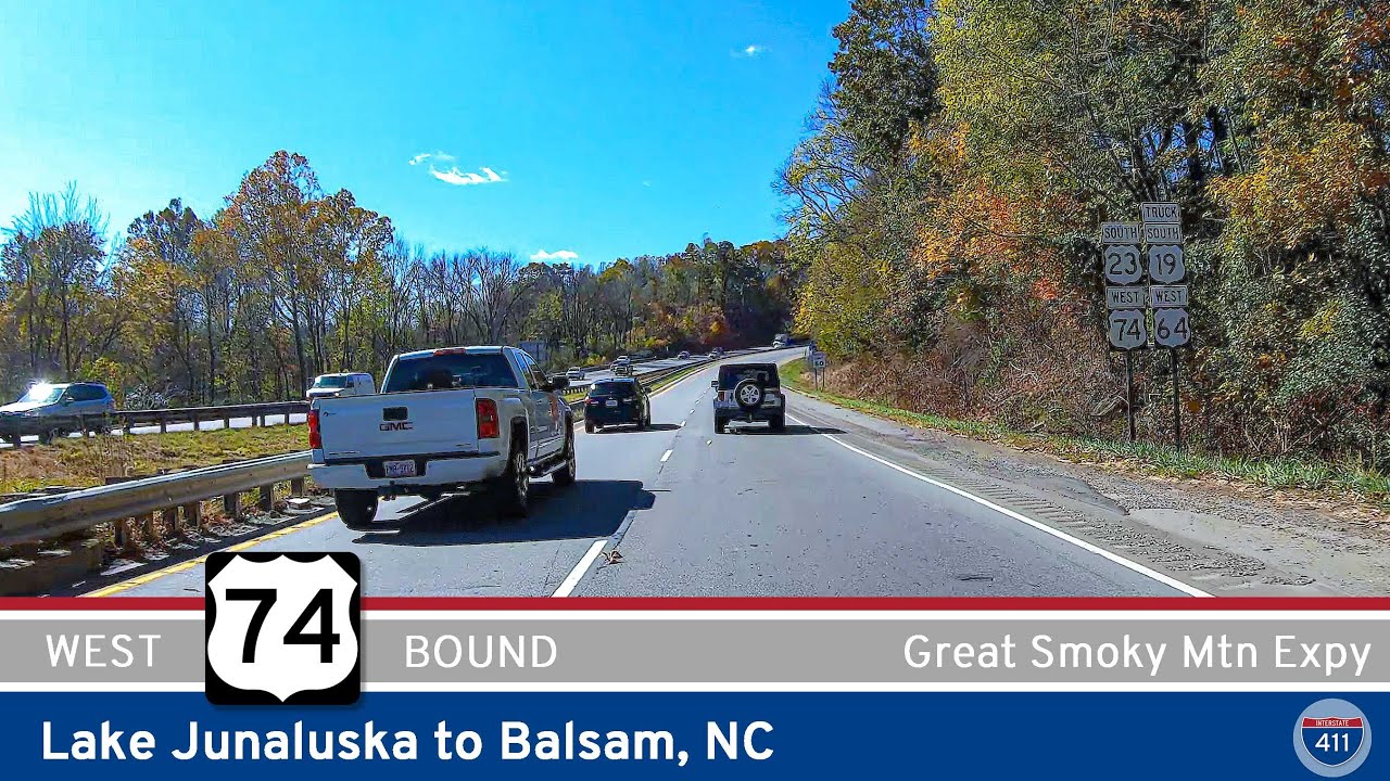 Drive America's Highways for 9 miles west along U.S. Route 74 from Lake Junaluska to Balsam, North Carolina.