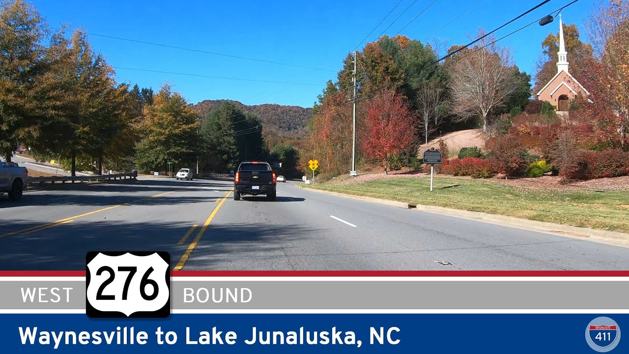 Drive America's Highways for 1.5 miles west along U.S. Route 276 from Waynesville to Lake Junaluska, North Carolina.