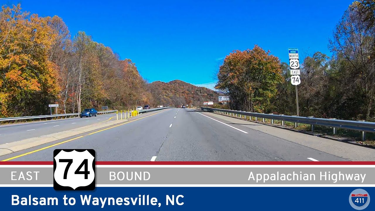 Drive America's Highways for 7 miles east along U.S. Route 74 from Balsam to Waynesville, North Carolina.