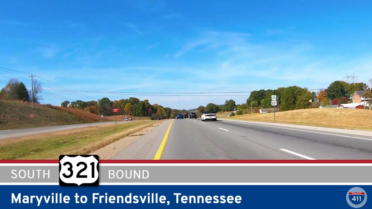 Drive America's Highways for 15 miles south along U.S. Route 321 from Maryville to Friendsville, Tennessee.