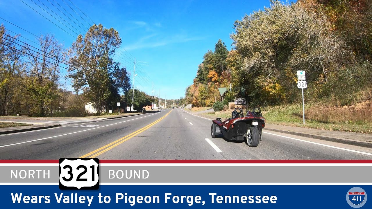 Drive America's Highways for 8 miles north along U.S. Route 321 from Wears Valley to Pigeon Forge, Tennessee.